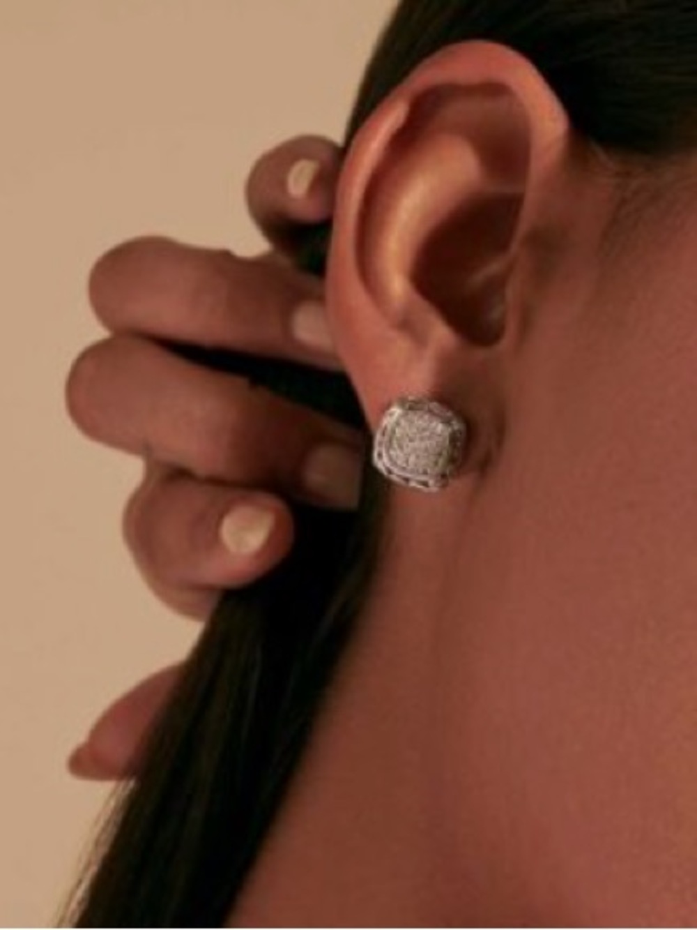John Hardy Silver + Yellow Gold full diamond pave square stud earrings